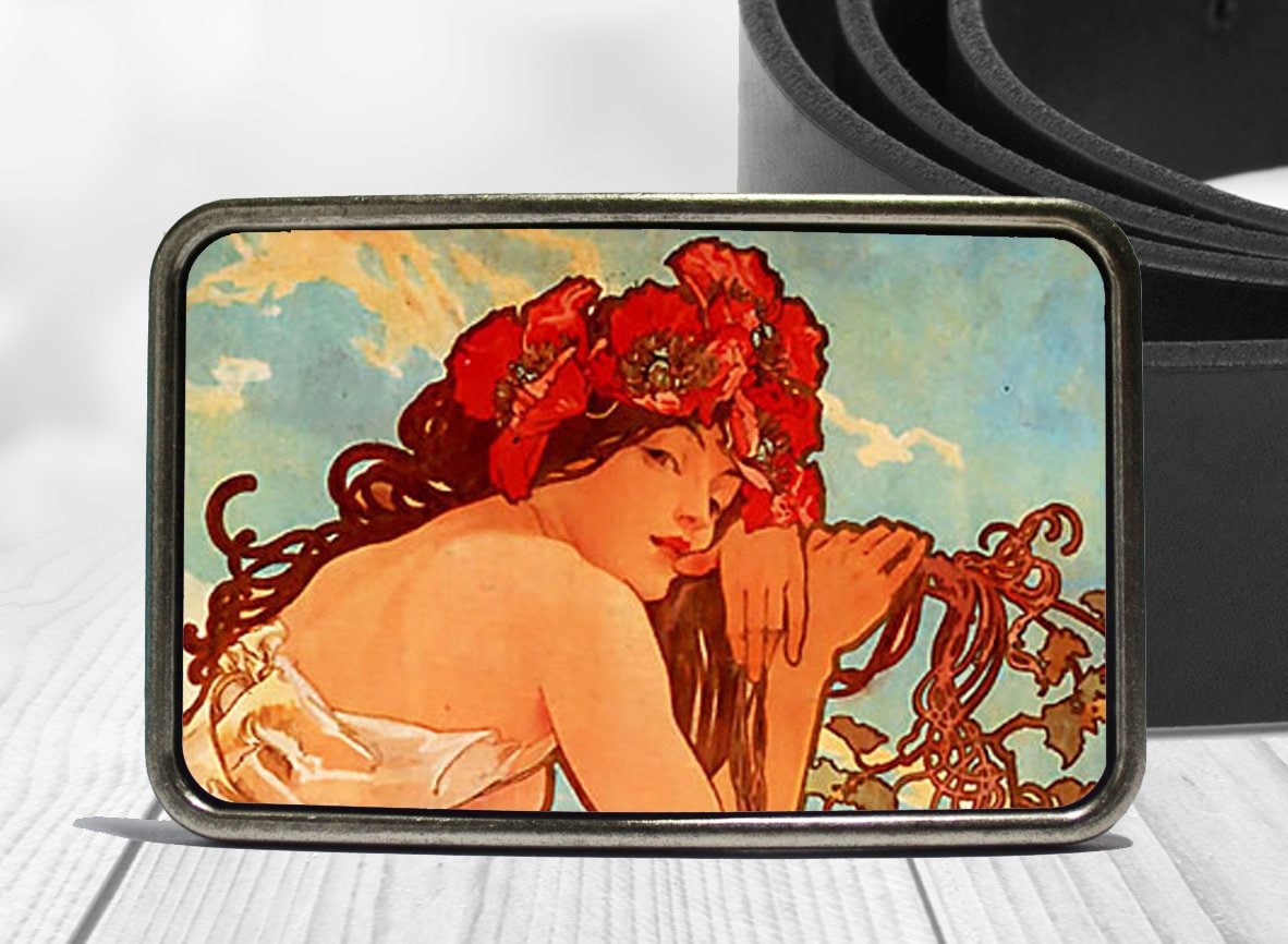 Vintage Alphonse Mucha Belt Buckle with Brown Leather Strap Vintage Alphonse Mucha Leather Belt & Buckle 1970 main image 3