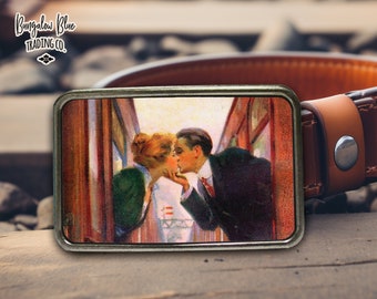 Vintage Train Romance Belt Buckle, Couple Kissing between Trains