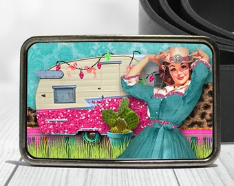 Western Boho Cowgirl Retro Camper Trailer Belt Buckle
