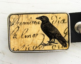 Metal Belt Buckle- Nevermore- Raven on aged handwriting- Halloween