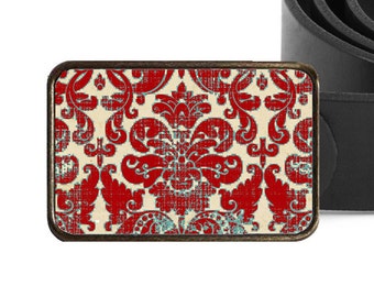 Red Damask Boho Belt Buckle, Bohemian Belt Buckle