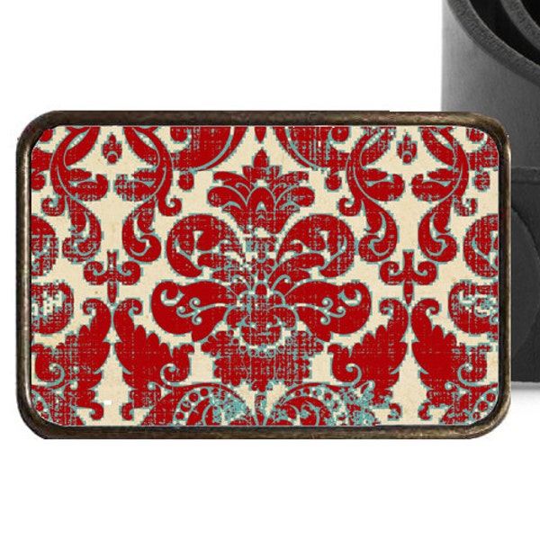 Red Damask Boho Belt Buckle, Bohemian Belt Buckle