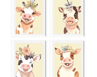 Baby Cow Farm Animal Nursery Wall Art, Baby Cow Art Print For Baby Room, Baby Cow Art Poster, Baby Cow Farm Nursery Art Bundle, Cow Art Girl