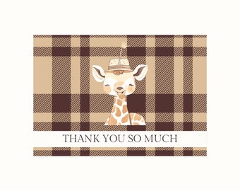 Baby Giraffe Safari Baby Shower Thank You Card, Gingham Boy Thank You Card, Baby Boy Shower Thank You Card, Printable Giraffe Thank You Note