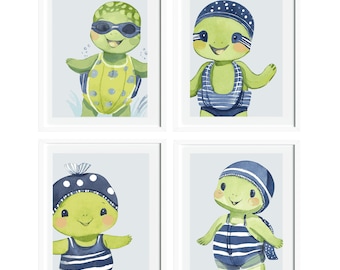 Baby Turtle Girl Nursery Printable Wall Art, Set Of 4, Sea Animal Art Print For Girl, Beach Turtle Nursery Art, Baby Turtle Girl Art Poster