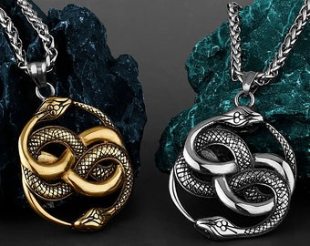 Collana con ciondolo drago Ouroboros vichingo nordico - Acciaio inossidabile, ciondolo vintage con doppio serpente - Regalo di gioielli unisex