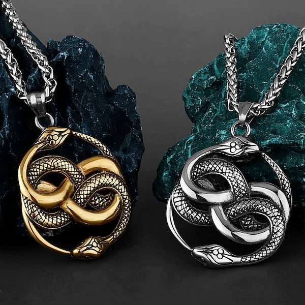 Nordische Wikinger Ouroboros Drachen Anhänger Halskette - Edelstahl, Vintage Doppelte Schlange Charme - Unisex Schmuck Geschenk