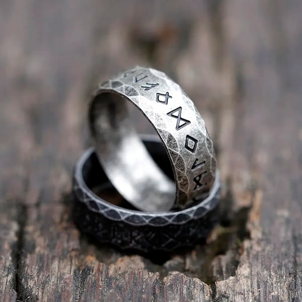 Viking Rune Ring - 316L Stainless Steel Band, 8mm Width