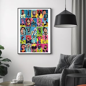 Póster con impresión pop art inspirador de Lionel Messi / Arte mural de fútbol con 25 escenas / Colores pop vibrantes / Póster / Decoración deportiva / Regalo para él/ella