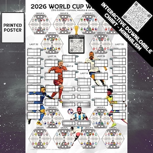 May include: A printed poster for the 2026 World Cup, featuring a minimalist interactive chart. The poster includes group stages, last 32, last 16, and last 8 sections, with a QR code for a downloadable chart.
