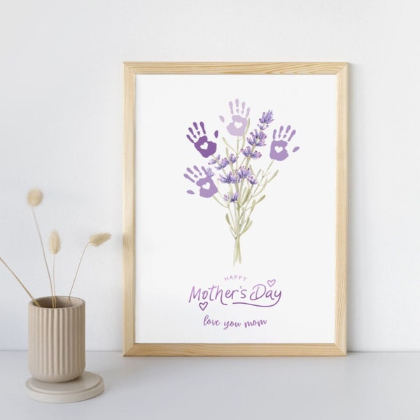 Mothers day handprint lavender bouquet, digital printable file, gifts for mom, handmade card art from kids, love you mom, instant download