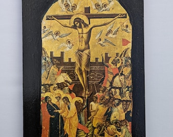 Handmade Greek Orthodox Crucifixion Wooden Icon - Byzantine Christ Sacrifice Religious Hanging
