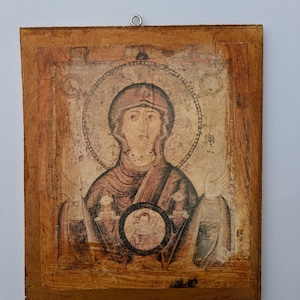 Our Lady of the Sign Icon. Russian Eastern Orthodox Christian, wooden, hand-made, religious mixed-media artwork