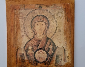 Icono de madera de la Virgen María de la Iglesia Ortodoxa Rusa, hecho a mano - Arte bizantino de la Virgen María