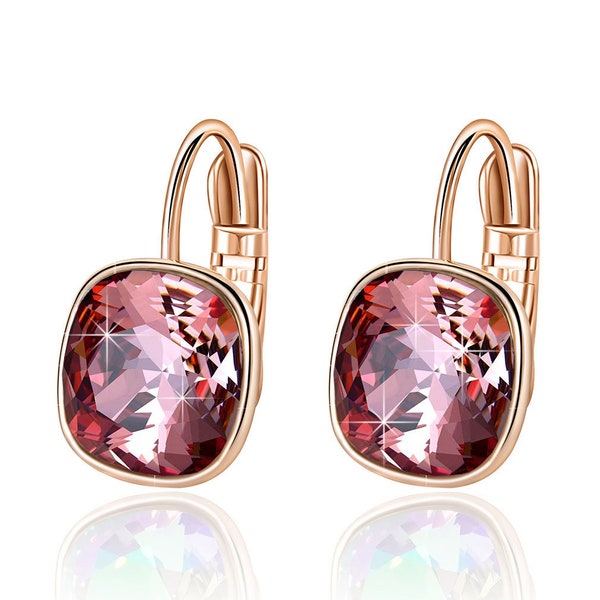 Fashion Austrian Crystal Square Cushion Drop Leverback Earrings for Women 14K Rose Gold Plated Hypoallergenic Jewelry