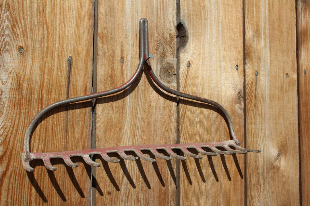 Vintage RED Painted Metal Rock Rake Head Turned DISPLAY / Staging PROP ...