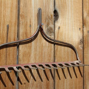 May include: An antique garden rake with a curved metal handle and a row of tines. The rake is painted red and is mounted on a weathered wooden fence. The image is well-lit, highlighting the texture of the wood and metal.
