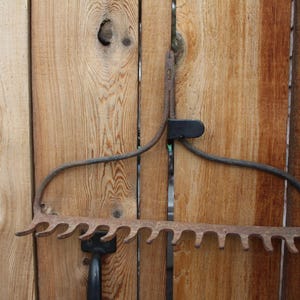 May include: An antique garden rake with a curved, rusty metal head and tines. The handle is black and the rake is hanging against a wooden fence. The rake is a gardening tool.