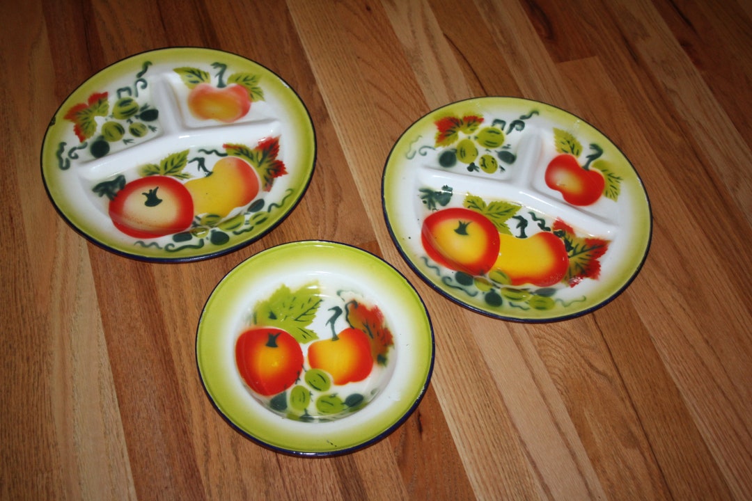3 VINTAGE Enamel Compartment Tray FRUIT Themed PLATES Etsy