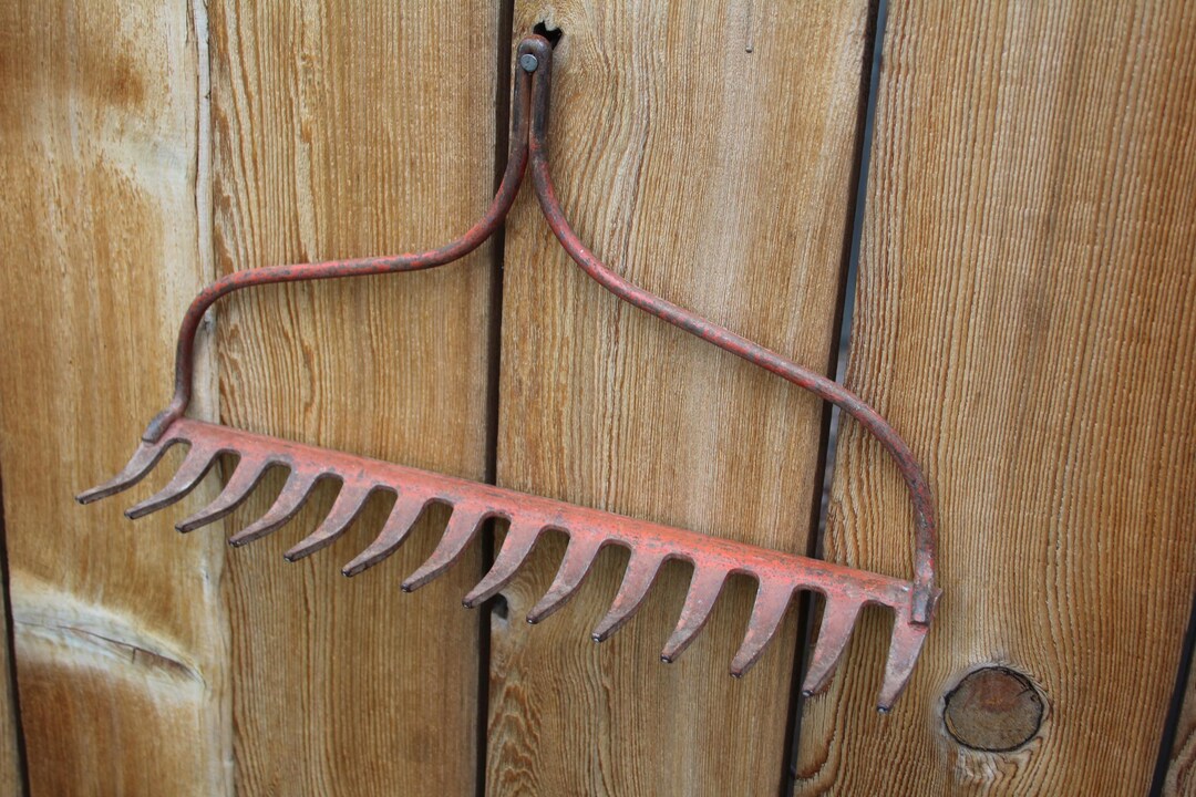 Vintage RED Painted Metal Rock Rake Head Turned DISPLAY / Staging PROP ...