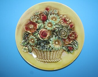 clearance VINTAGE basket of flowers CERAMIC wall hanging