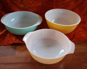 vintage PYREX brand yellow AND pale blue bowls + pearlized finished Anchor Hocking fire king bowl