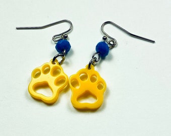 Golden Yellow and Blue Paw Print Dangle Earrings