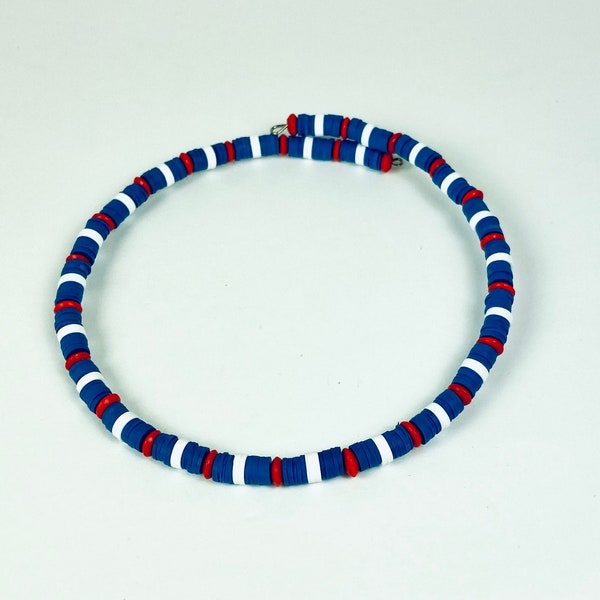 Royal Blue, Red and White Striped Clay and Wood Disc Unisex Choker Necklace