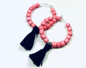 Light Pink and Black Boho Game Day Tassel Hoop Earrings