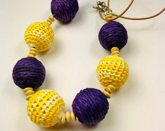 Purple and Golden Yellow Raffia and Crochet Necklace on Leather Cord