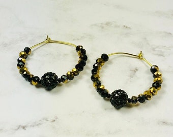 Black and Gold Crystal Ball Game Day Hoop Earrings