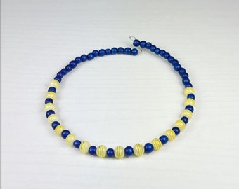 Royal Blue and Yellow Striped Acrylic and Wooden Bead Choker Necklace