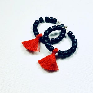 Red and Black Boho Game Day Tassel Hoop Earrings - Etsy