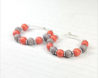 Orange and Gray Wooden Bead Game Day Hoop Earrings