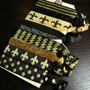 Black and Gold Fleur de Lis, Stripe, Glitter, Polka Dot Hair Tie Set ... 8 ct. image 2