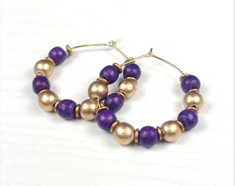 Purple and Gold Wooden Bead Game Day Hoop Earrings