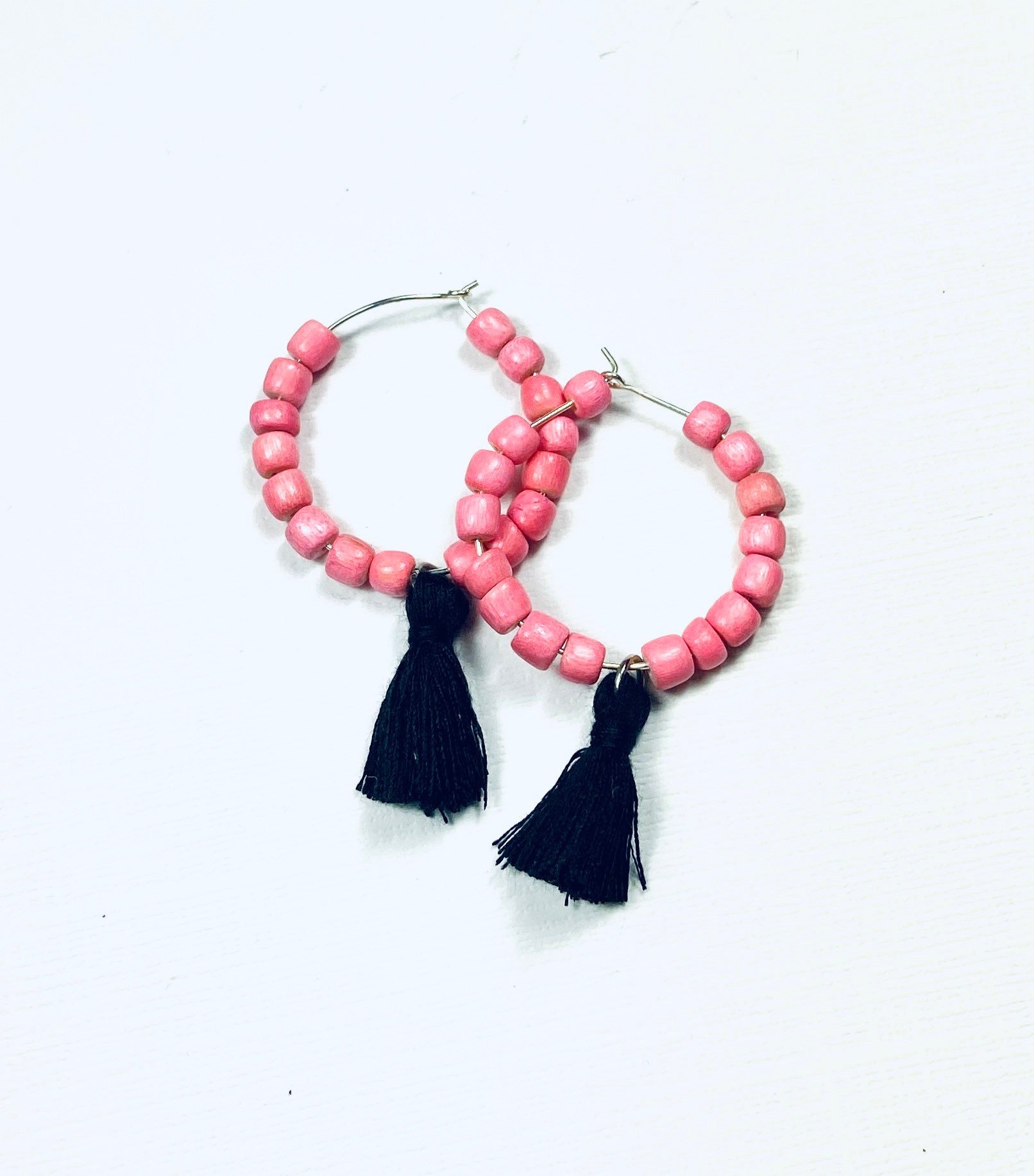 Light Pink and Black Boho Game Day Tassel Hoop Earrings - Etsy