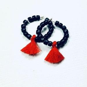 Red and Black Boho Game Day Tassel Hoop Earrings - Etsy