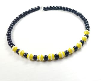 Black and Golden Yellow Striped Acrylic and Wooden Bead Choker Necklace