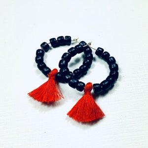 Red and Black Boho Game Day Tassel Hoop Earrings - Etsy