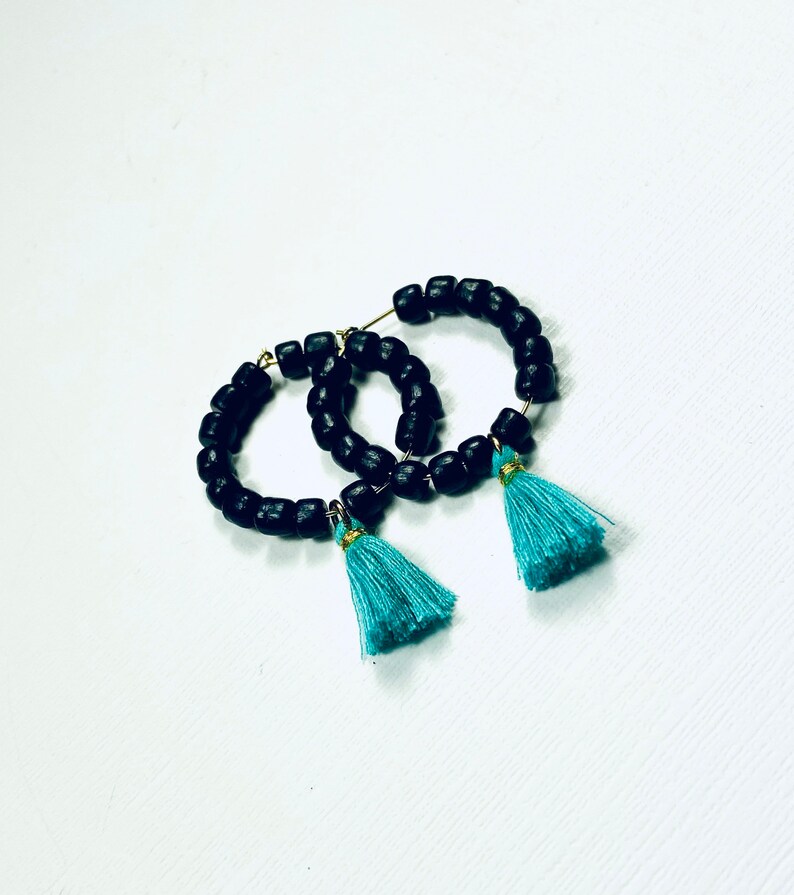 Teal and Black Boho Game Day Tassel Hoop Earrings - Etsy