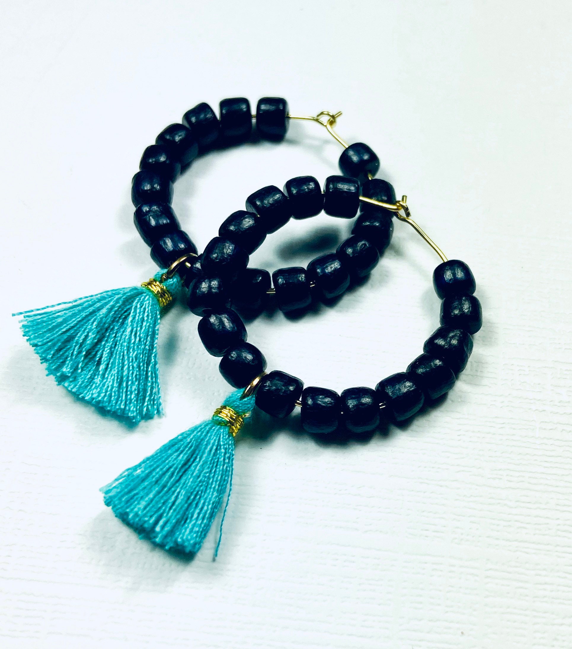 Teal and Black Boho Game Day Tassel Hoop Earrings - Etsy