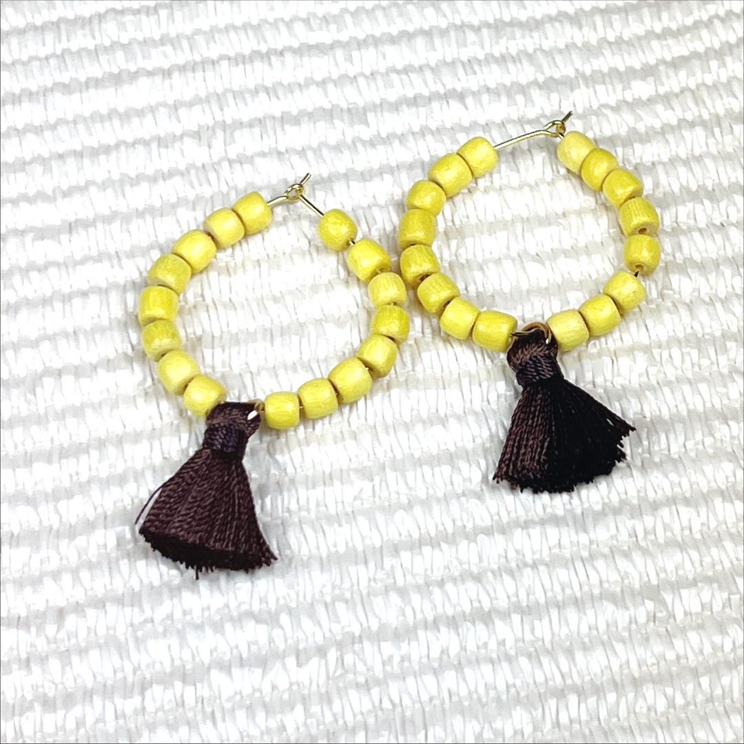 Boho Game Day Tassel Hoop Earrings in Golden Yellow and Brown - Etsy