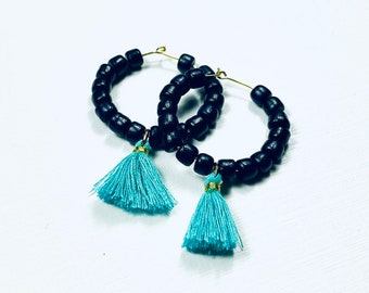 Teal and Black Boho Game Day Tassel Hoop Earrings