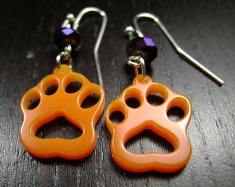 Orange and Purple Paw Print Dangle Earrings