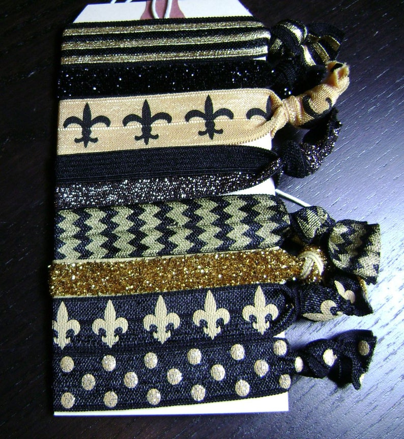 Black and Gold Fleur de Lis, Stripe, Glitter, Polka Dot Hair Tie Set ... 8 ct. image 5