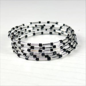 Subtle Stripe Glass Bead Coil Bracelet in Silver and Black