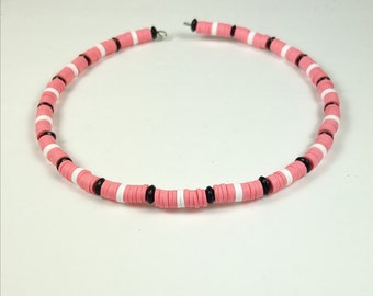 Rosa, schwarz und weiß gestreifte Clay und Holz Disc Unisex Choker Halskette