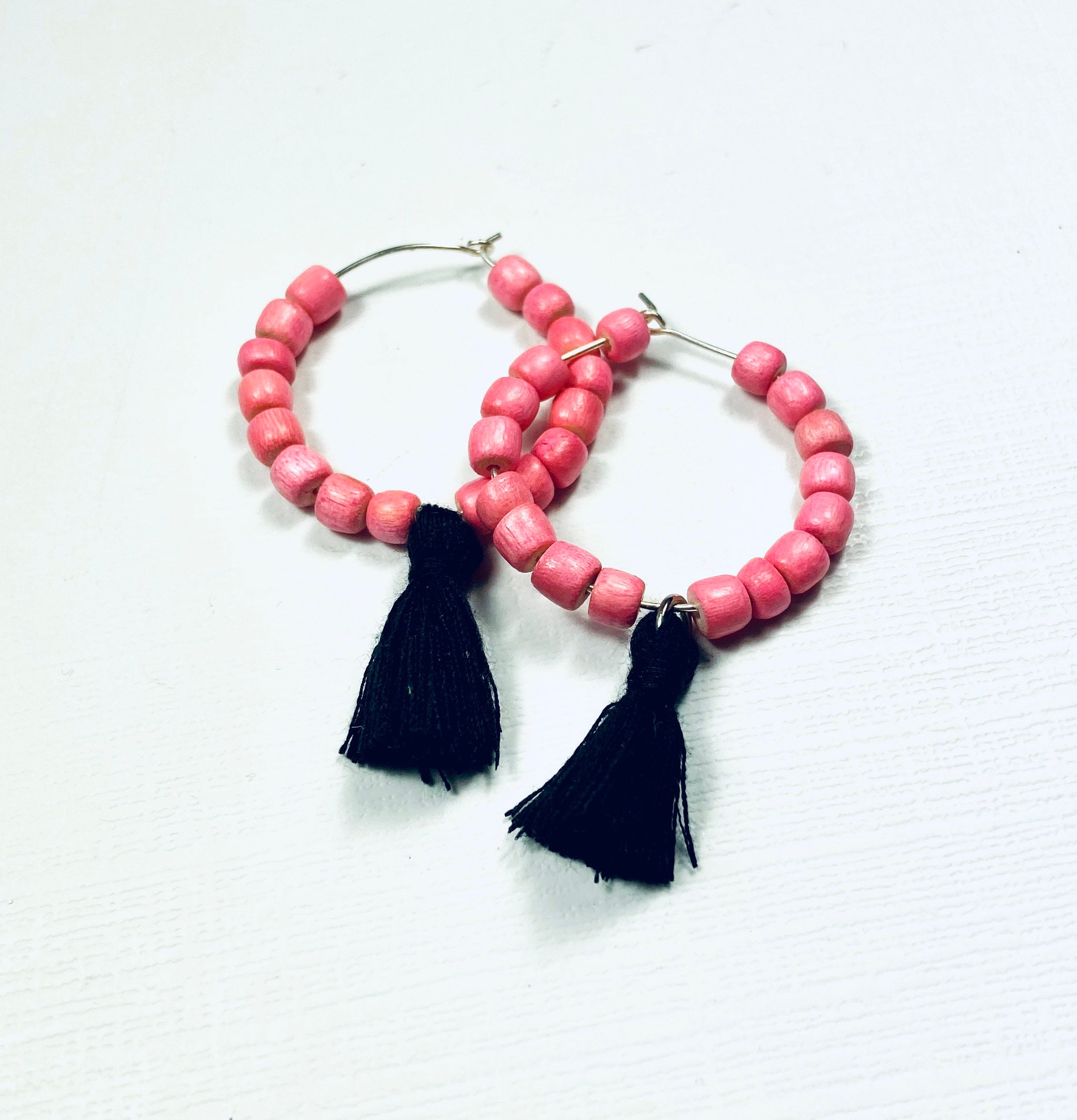 Light Pink and Black Boho Game Day Tassel Hoop Earrings - Etsy