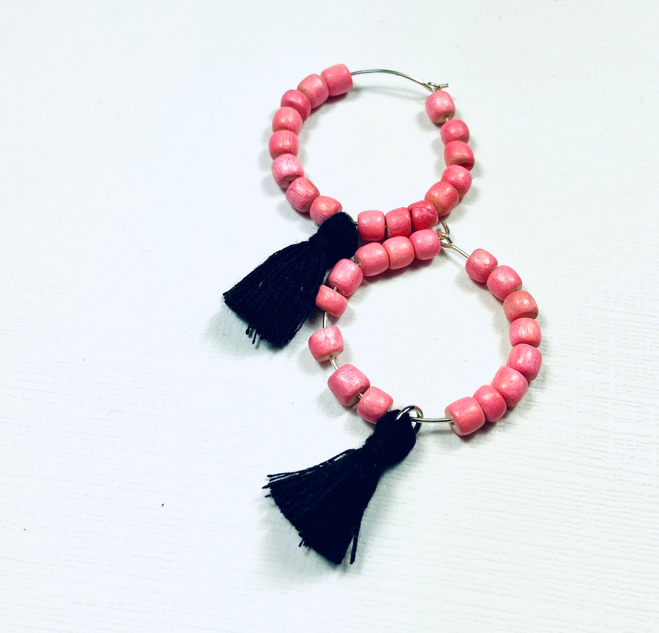Light Pink and Black Boho Game Day Tassel Hoop Earrings - Etsy